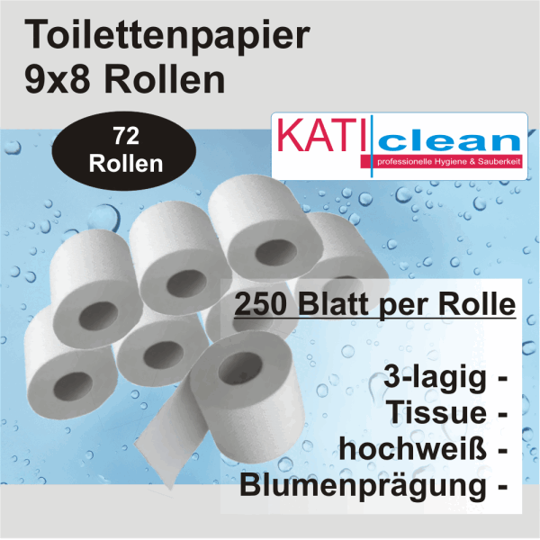 Toilettenpapier 3-lagig 72 Rollen - 250 Blatt Zellstoff Großpackung